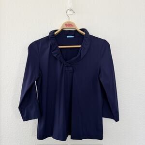J McLaughlin Durham Ruffle Top Winter Navy Solid 3/4 Slv Catalina Cloth Women XL